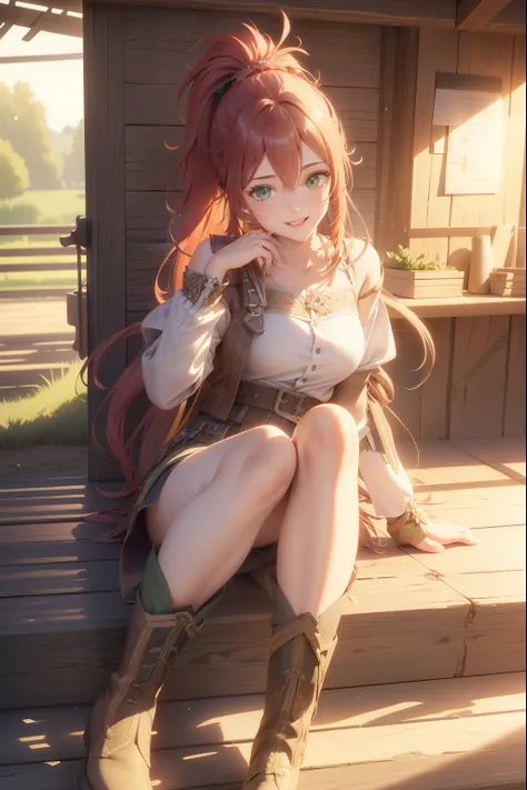 (extremely detailed CG unity 4k wallpaper),(masterpiece),(best quality),(ultra-detailed),(best illustration),(best shadow),(absurdres),(detailed background), Red long hair (Ponytail), green eyes, Daisy dukes, Smiling, Boots, Farm,