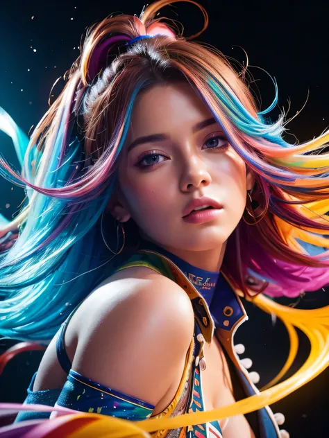 Here is a high-quality, photo-realistic prompt for an 8K wallpaper:

Australian girl with vibrant, multicoloured hair stands tall in a dynamic pose against a stunning, caustic-lit background of colourful paint splashes on transparent glass. Her beautiful f...