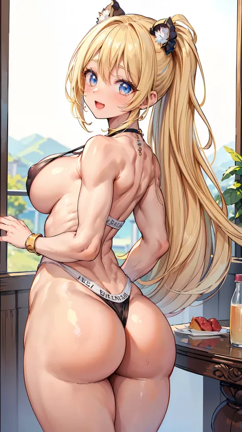 Very detailed、Highest quality、Best image quality、masterpiece、8k、(Her butt is facing me:1.5、Rear View:1.5)、(shoulder-length blonde hair:1.5、Medium Long Hair)、(smile、Open Mouth) 、(Hilarious)、(Big eyes)、(Beautiful and shining eyes)、(Detailed anime eyes)、(Puff...