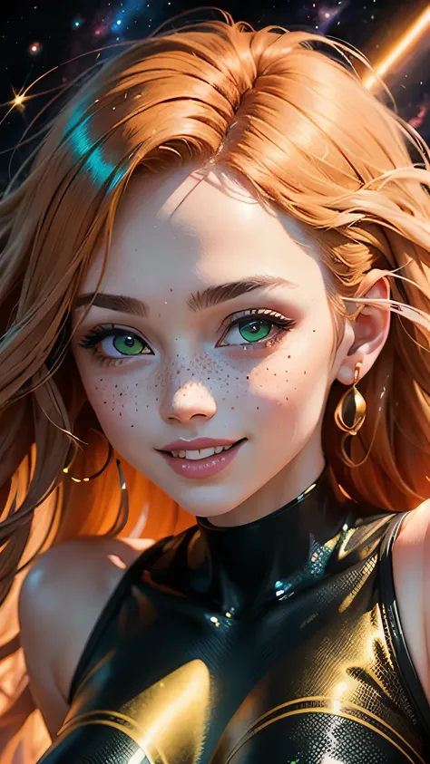 exotic acid trippy colourful beautiful space woman with warm seductive grinning expression,bright clear sparkling green eyes, very messy long silky ginger hair with rich golden highlights, bright red blushing rosy cheeks, fair complexion, freckles, acrylic...