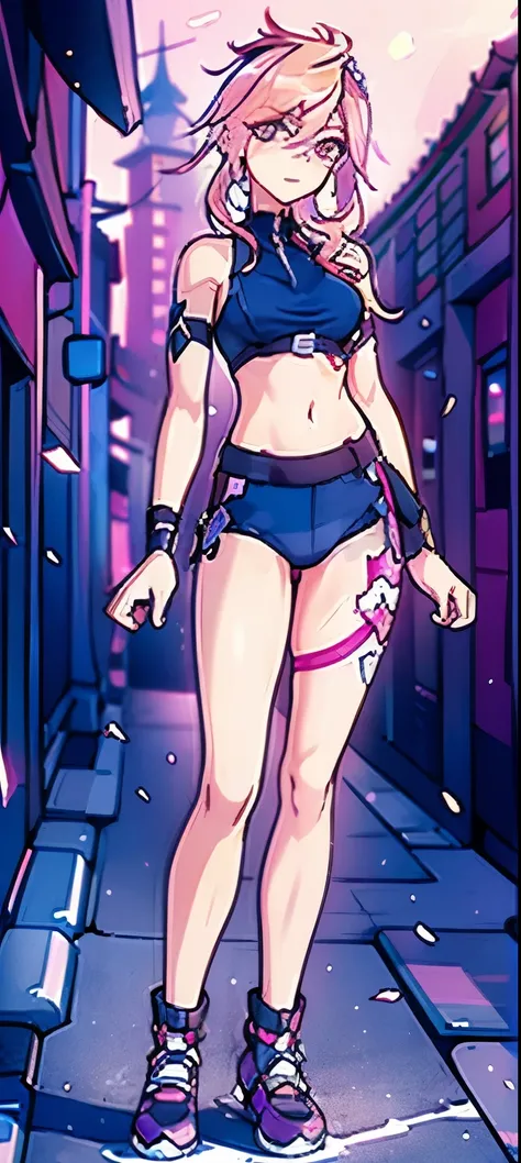 (masterpiece, best quality, 1girl, solo, intricate details, chromatic aberration), realistic, ((medium breath)),long hair, pink hair, red head ornament, pink highlights, hair over one eye,purple eyes, earrings, sharp eyes, choker, neon shirt, open jacket, ...