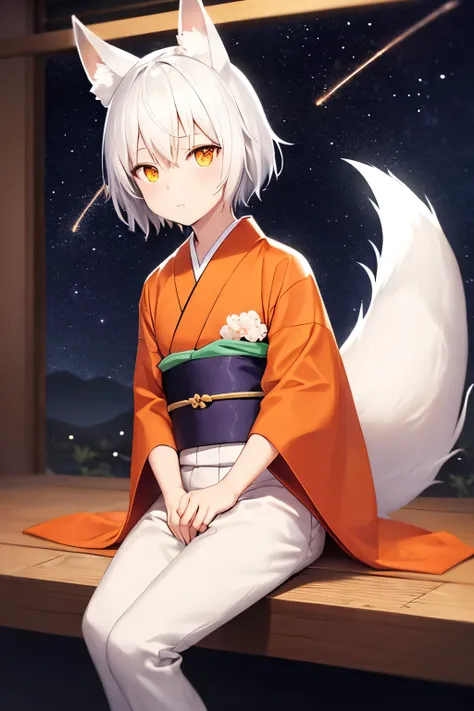 Short boy with white hair, white fox ears and tail, orange eyes, wearing a white kimono, sitting looking at the stars