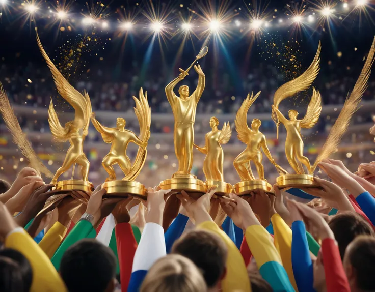 wonderful photograph of the Olympic Awards Ceremony, where winners from each country praise each other regardless of ranking, 2.5D, delicate and dynamic, shading effects, hyper realistic, glitter effects