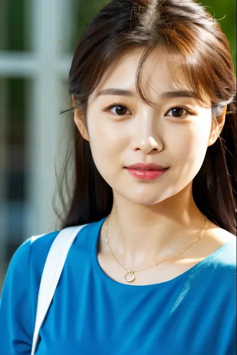 a close up of a person wearing a blue shirt and a chain necklace, lee ji - eun, lee ji-eun, park ji-min, jaeyeon nam, cute korean actress, heonhwa choe, hwang se - on, gongbi, female actress from korea, kim hyun joo, wan adorable korean face, shin min jeon...