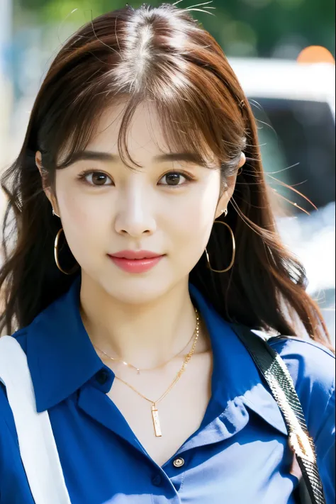 a close up of a person wearing a blue shirt and a chain necklace, lee ji - eun, lee ji-eun, park ji-min, jaeyeon nam, cute korean actress, heonhwa choe, hwang se - on, gongbi, female actress from korea, kim hyun joo, wan adorable korean face, shin min jeon...