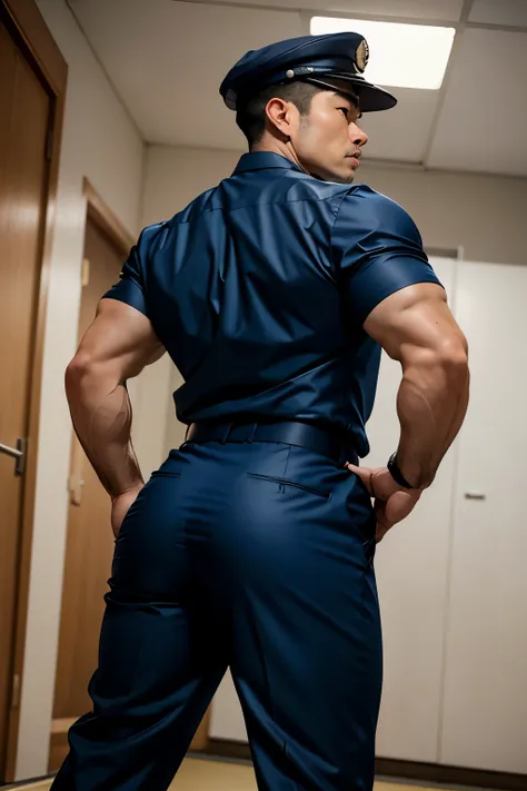 40-year-old boy japanese muscular male in white police uniform., wearing navy blue satin trouser...........gooning seductive exp...