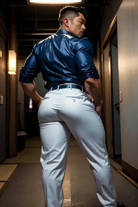 40-year-old boy japanese muscular male in white police uniform., wearing navy blue satin trouser...........gooning seductive exp...