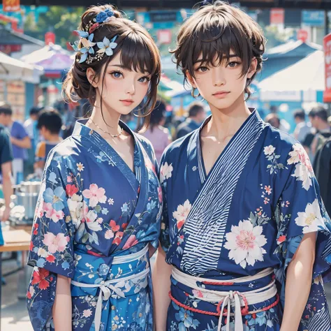 Create an image of a man and woman wearing blue yukatas at a summer festival food stall。With a displeased look。Stylish and cool、Pose like a fashion model。