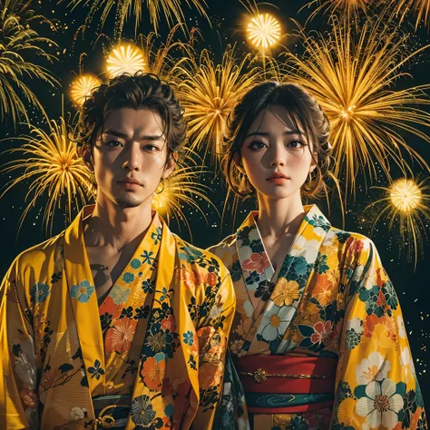 Making image of a woman and man wearing yellow yukata at a Japanese fireworks festival。With a displeased look。Stylish and cool、Pose like a fashion model。