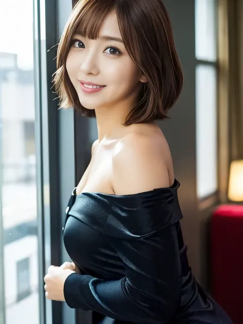 A beautiful Japanese shy girl, age 18 years old, short brown hair, brown big eyes, shiny lip, shiny hair, ecstatic expression, wearing off shoulder front button black one piece cloth, The background is very blurry, wearing high heels, A photo showing the w...