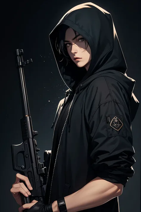 male、whole body、Black hair、Center Parting、Black hood、Assassin、Dark Background、Big gun in both hands