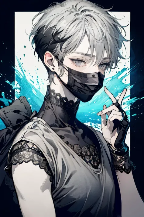 Beautiful young man, darkblue-haired, ((Gray eyes)),(short wave hair:1.2), (Black mask:1.2), White tank top,(lace wear),High quality, amount of drawing, pixiv illustration,(hand sign:1.2),close-up Face.