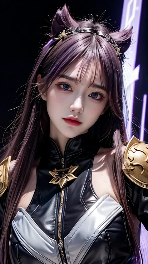 Masterpiece, best quality, detail, depth of field, ultra-realistic, realistic face and eyes, realistic skin texture, cinematic lighting, eyes to see the audience. 1 girl, solo, (frown, closed mouth), keqing_(genshin_impact), purple_eyes, purple hair, doubl...