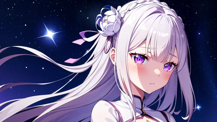 about:zero, emilia, white hair, hair flower, masterpiece, Amazing, 8k, detailed, 1 girl,((wallpaper)), Purple Eyes, White leggings, Cute, wallpaper, Falling white snowflakes, Dark background, Face the audience,shy,blush,,Ice Magic,Starry sky background,Whi...