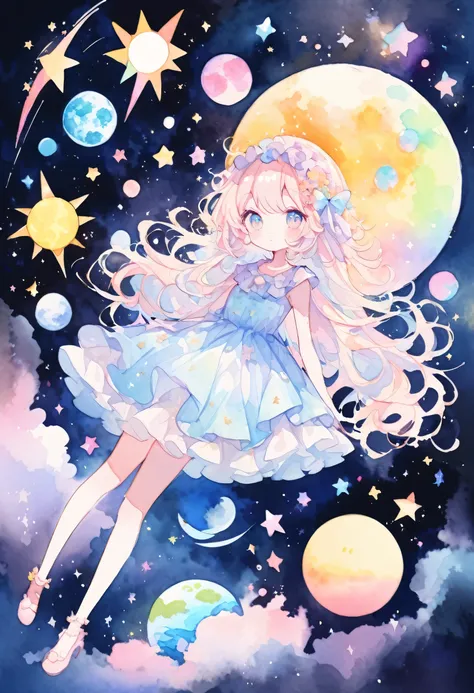 Earth from Space, Moon and sun, Twinkle Star々, ((A star shining in the darkness, Girl in a dress:1.2, pastel colour)), watercolor:1.2, Whimsical and delicate, Like a children&#39;s illustration&#39;Books, Gentle brushwork, dim, The pale colors create a fan...