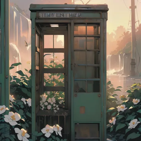 (((masterpiece, Highest quality)))、(((32K Wallpapers)))、Detailed Machinery、Abandoned Factory、Atrium、(((White Flower Field)))、(((Rusty phone booth)))、Gorgeous light leaks、(((fog)))、Detailed Background、Highest quality、(((No humans)))、Collapsed phone booth、Co...