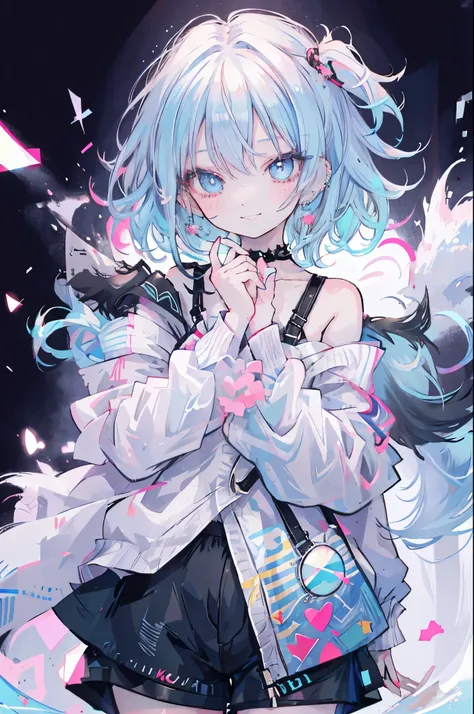 high resolution,smile,woman,woman1人,adult,cute,Medium Hair,Light blue hair,Light blue eyes, Black off-the-shoulder blouse,Black shorts,Piercing,Black choker, Pink background,Simple background,Touching your face,seductive grin smug,