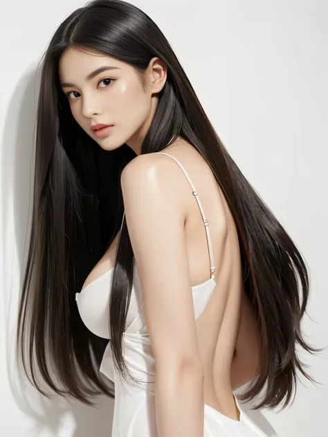 １woman　((Waist up shot:!!!))　(She poses perfectly in front of a white wall, showing her back!!!　Pose to make your hair look as wide as possible:1.8)　(She looks very confident in front of the audience.......:1.8)　((Highest quality)), ((masterpiece)), (Famil...