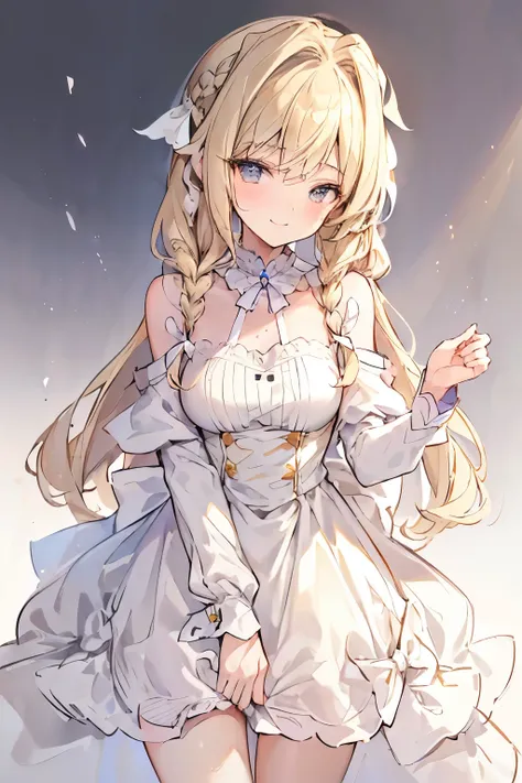 (Bestquality, Masterpiece), (An elegant girl , 1girl , solo, "Beige Dress", off-the-shoulder , Standing , Looking At The Audience, ( "Gradient blonde hair", Long-haired," Braids " , white ribbon) , Gradient Gray Eyes , Closed Mouth , Smile , Upper Body, cl...