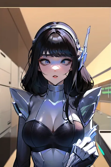 empty eyes,robotized woman ,big bust,Robot Joint ,Metal skin,Black Suit,long hair