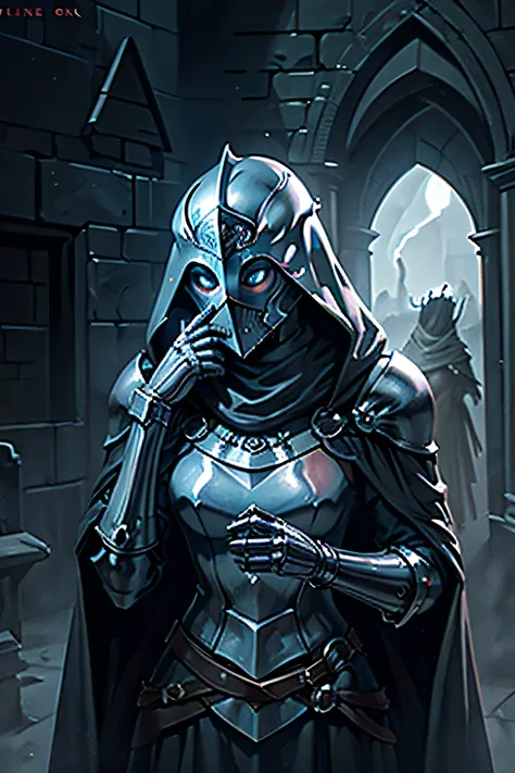 Knight, female, helmet, ghost, crown, dark, solo, alone, grey, covered face, medieval, lich,
