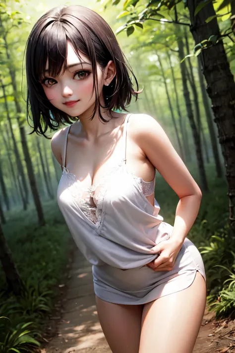 very cute and beautiful girl,(highly detailed beautiful face),(seductive smile:1.2),blush,black hair,looking at viewer, standing,(white transparent camisole),exposing thighs,arms behind back,forest,trees, (best quality,masterpiece),absurdres,highres,ultra-...