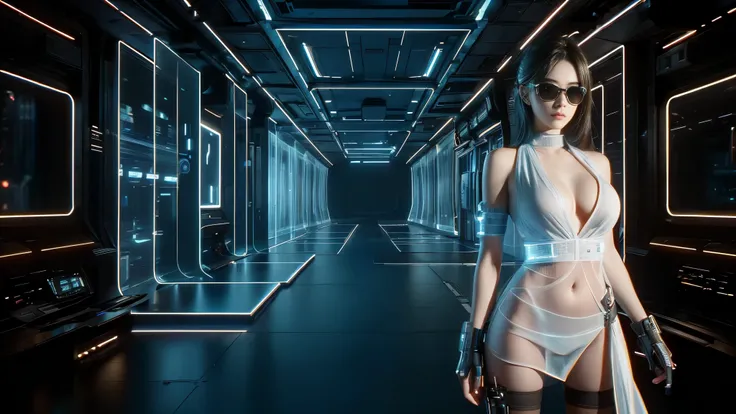 DonMH010D15pl4y, cyberpunk city street. (((1girl, solo, alone))), blue holographic portrait, large-breast:1.2 slim:0.6 body, slim face, cleavage:1.1, sexy jacket, (black sunglasses), (((holding a pistol))), dynamic pose, ((half-body thigh:1.1 level medium ...