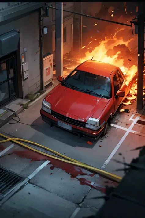 Anime background scene, car crashed into building on fire, blood on floor