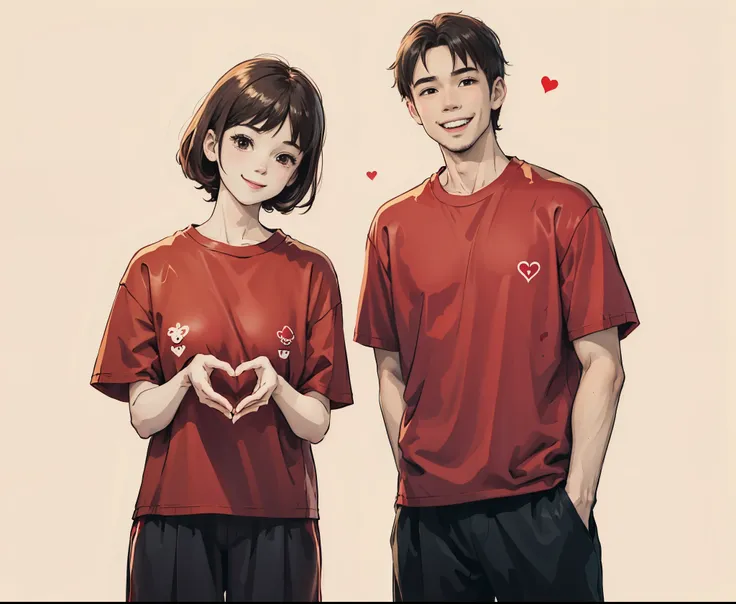 cute couple in love, wearing red t-shirts, gesturing heart symbols with their hands and smiling happily, cartoon style simple li...