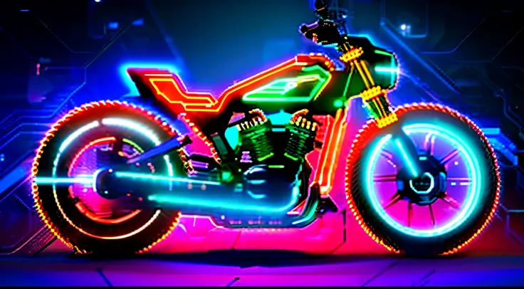 cyberpunk style motorcycle, colored in black and neon, with complex and intricate mechanical structures with luminous parts. sim...