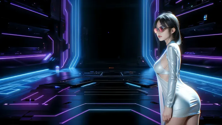 donmh010d15pl4y, cyberpunk city street. (((1girl, solo, alone))), blue holographic portrait, large-breast:1.2 slim:0.6 body, sli...