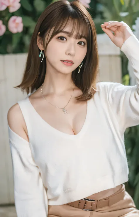 （（Light coming from behind、Beige Hair、Elegant hairstyle、Curved waist、Do not show cleavage、Beige summer knitwear、Cute Mini Skirt、Loose perm、belt、Large Breasts:1.4.））、Medium Hair、Silver necklace and small silver earrings :1.4））、Full body photo、Toothy smile、 ...