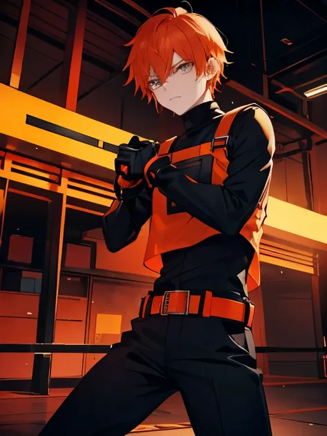 Slim boy with a turtleneck shirt on top of this an orange bib black pants with a red belt and a taiser on this belt orange boots and orange gloves, RED-haired serious face with a big sycratiz on his face