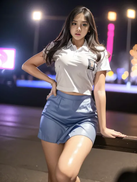 1girl, solo, (uniform), at night club, detailed realistic city scenery at the background, angry face, thick breasts, smooth skin, tight white shirt, grey blue short skirt, looking at the audience, overhead view, (zoom out:1.4), (8k, RAW photo, best quality...