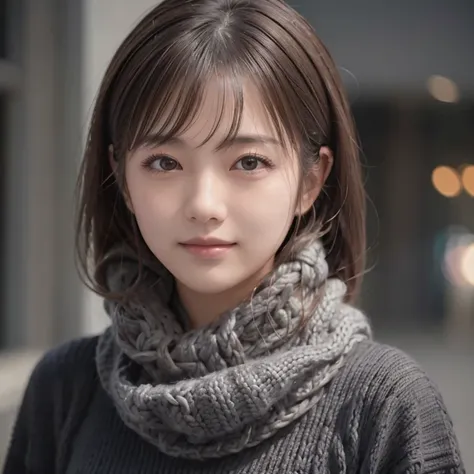 1 Japanese girl,(Black sweater:1.4),(She has a knitted snood around her neck to cover her chin.:1.5), (RAW Photos, Highest quality), (Realistic, Photorealistic:1.4), Tabletop, Very delicate and beautiful, Very detailed, 8k wallpaper, wonderful, In detail, ...