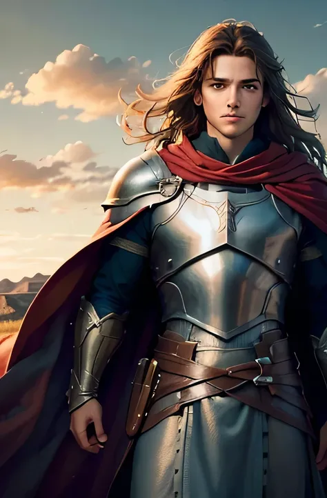 Create an image of a young man on a vast plain with gentle hills in the background, under a clear blue sky. The man must have fair skin, wavy brown hair, blue eyes and a determined expression. He must be dressed in shining armor and a red cape. The atmosph...