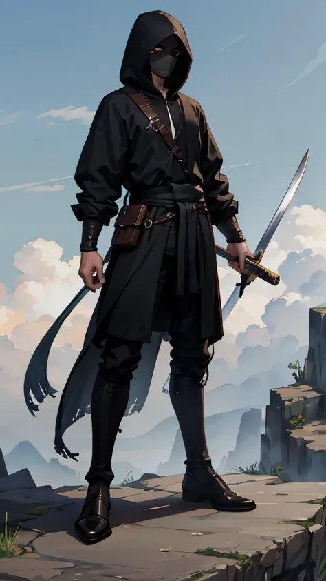 The whole body is shown, View Viewer, Fantasy, RPG, small fry, Enemy Characters, Mob, enemy, Fantasy, Wandering Swordsman, Swinging a sword, Combat Ready, Dirty clothes, His face is hidden by a black hood