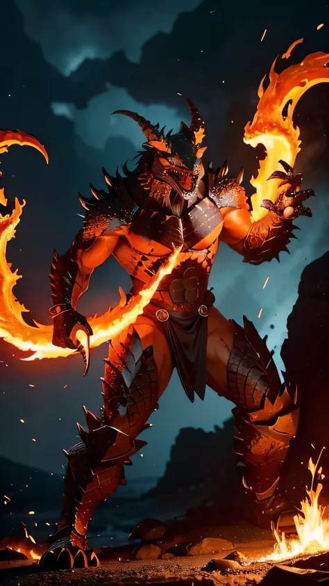 Create an ultra-realistic and terrifying depiction of a Salamander, a monstrous fire spirit. This creature stands imposing and fearsome, with a large and muscular build covered in rugged, flame-scorched scales. The scales are a mix of deep red, fiery orang...