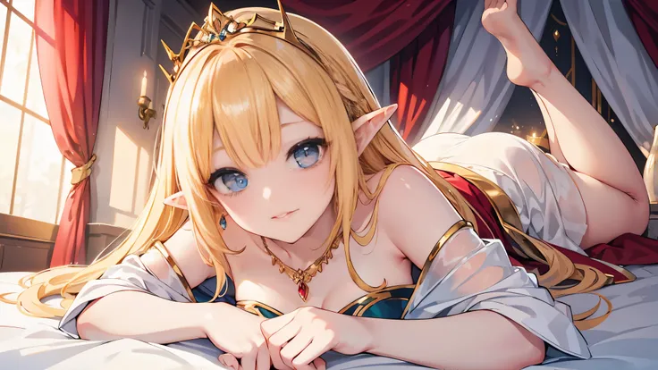 ((best quality)), ((masterpiece)), (detailed), perfect face, detailed face. detailed eyes, Pointy ears, elf, elven queen, lying on canopy bed, silk sheets, Off-the-shoulder, gold dress, ruby ​​necklace, bejeweled tiara, Lying down, seductive pose, seductiv...