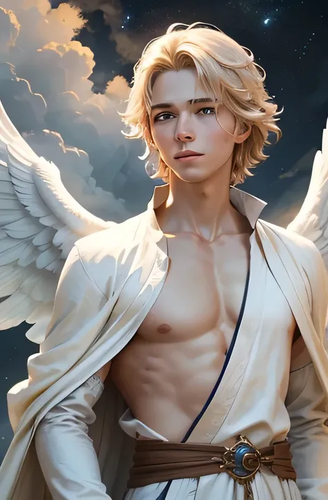 Create an image of a young man in a celestial sky with soft clouds and radiant light at dawn. The man must have fair skin, straight blond hair, blue eyes, and a serene expression. He must have white wings and be dressed in a white robe. The atmosphere must...