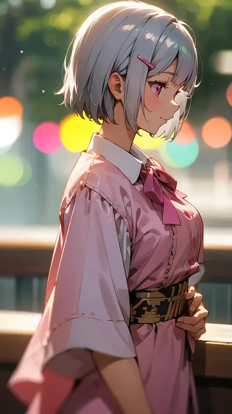 1 girl、8k、Sharp focus、(Bokeh) (Highest quality) (Detailed skin:1.3) (Intricate details) (anime)、Short silver bob hair held together with a hair clip, Pink Eyes、smile、Blouse shirt with ethnic patterns and primary colors、profile、Upper body close-up、Morning C...