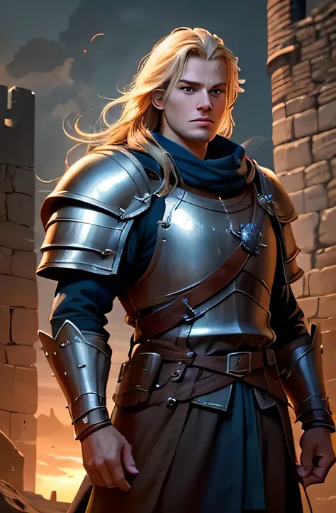 Create an image of a young man in a medieval fortress with tall towers and a flying flag, at dusk. The man must have fair skin, straight blond hair, blue eyes, and a resolute expression. He must be dressed in heavy armor and a shield. The atmosphere must c...