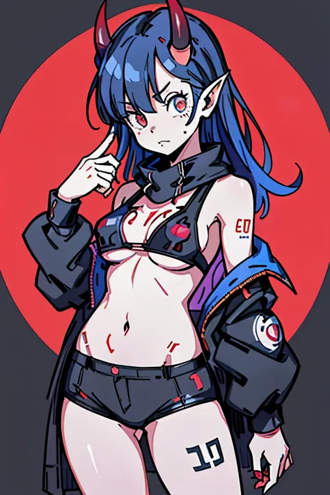 best quality, masterpiece, 1 girl, devil girl, sobbing, (blue colored skin:1.2), (bright red eyes:1.3), (black devil horns:1.4), long hair with bangs, tattooed body, black and red bikini with cloak, (standing in cyberpunk street:1.3), (medium breast, under...