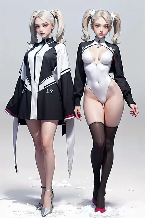 Masters of Animation, A perfect masterpiece, On a snow-white background、Cool Outfits, Sexy and modern clothing、Sexy mature modern woman standing, Flowing silver hair, Twin tails，Full Body Stand Posture, Thin legs, Large Breasts, Detailed facial details, Na...