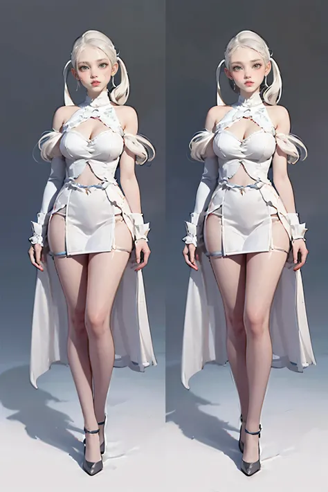 Masters of Animation, A perfect masterpiece, On a snow-white background、Cool Outfits, Sexy and modern clothing、Sexy mature modern woman standing, Flowing silver hair, Twin tails，Full Body Stand Posture, Thin legs, Large Breasts, Detailed facial details, Na...