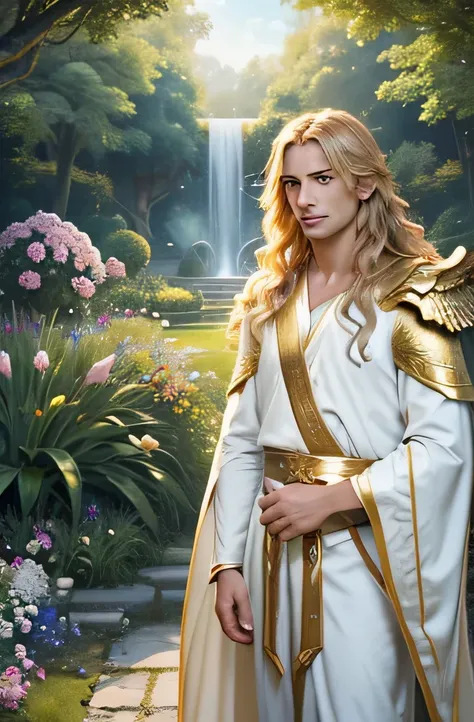 Create an image of a young man in a heavenly garden with golden light and bright flowers at dawn. The man must have fair skin, wavy blond hair, blue eyes, and a serene expression. He must have golden wings and be dressed in a white robe. The atmosphere mus...