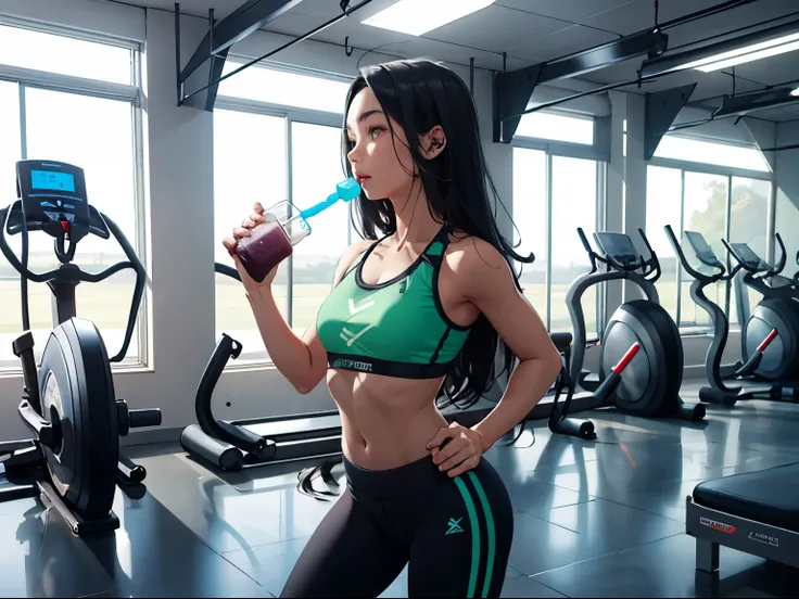 Health-conscious teenage girl wearing exercise clothes Drinking a healthy protein shake in the FUTURISTIC MINIMAL style fitness room.