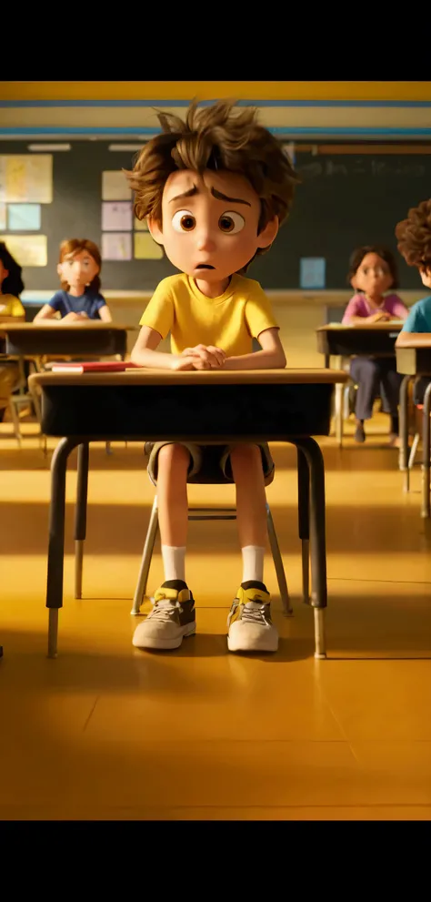 a close up of a  sitting at a desk The 9-year-old boy with messy hair, wearing a yellow t-shirt and black pants, has a worried face in a classroom, animated movie scene