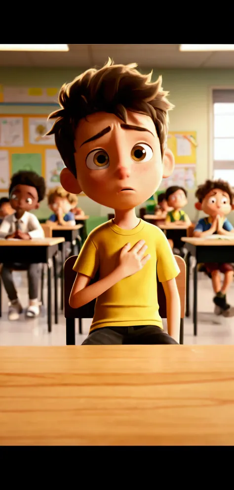 The boy with messy hair, dressed in a yellow t-shirt and black pants, is at his desk with his head down in desperate prayer. The cartoon classroom is vibrant, with a faint glowing effect around him.