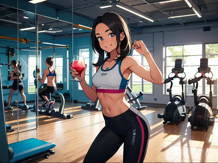 A healthy teenage girl wears exercise clothes, looks straight, has a smile on her face, and is clearly charming. Raising a glass to shake and drink a health drink. In the FUTURISTIC style fitness room, bright colors